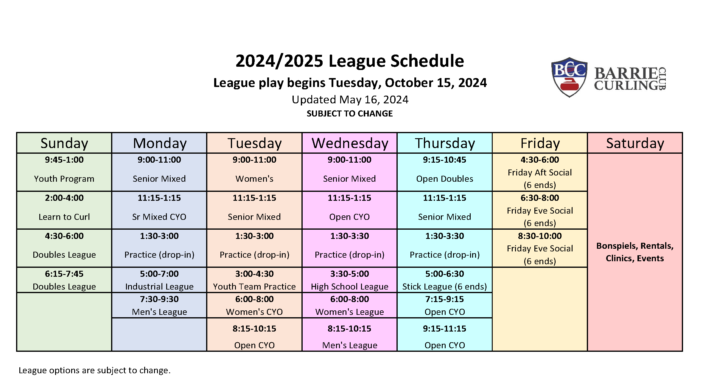 BCC League Schedule 24 25